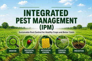 Integrated Pest Management (IPM) methods showing biological pest control, sticky traps, pheromone traps, crop monitoring, and healthy crop growth in an Indian agricultural field.