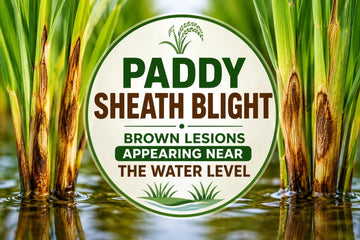 Paddy sheath blight showing brown lesions near the water level on rice plants