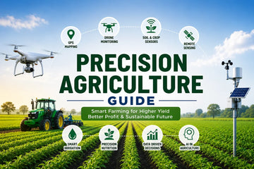 Modern precision agriculture field with drone monitoring, GPS technology, smart irrigation, and healthy crops in India