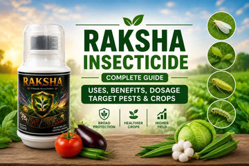 Raksha Insecticide with plant affected by whiteflies, aphids, and caterpillars, illustrating broad-spectrum pest control for vegetable crops.