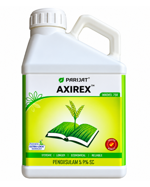 A white plastic bottle of Parijat Axirex 5.9% SC (Penoxsulam) 