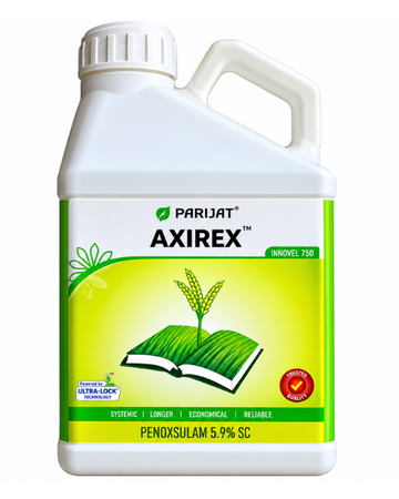 A white plastic bottle of Parijat Axirex 5.9% SC (Penoxsulam) 