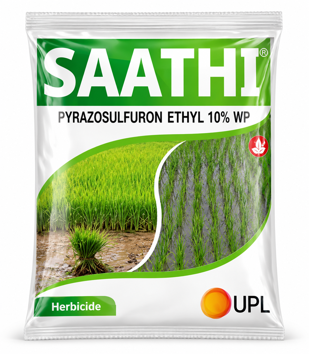 UPL Saathi Herbicide packet containing Pyrazosulfuron Ethyl 10% WP for weed management in paddy rice crops.