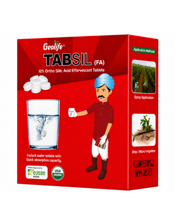 Geolife Tabsil FA Fertilizer with 12% Ortho Silicic Acid for stronger plants, improved immunity, reduced lodging, and better crop growth.