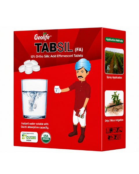 Geolife Tabsil FA Fertilizer with 12% Ortho Silicic Acid for stronger plants, improved immunity, reduced lodging, and better crop growth.