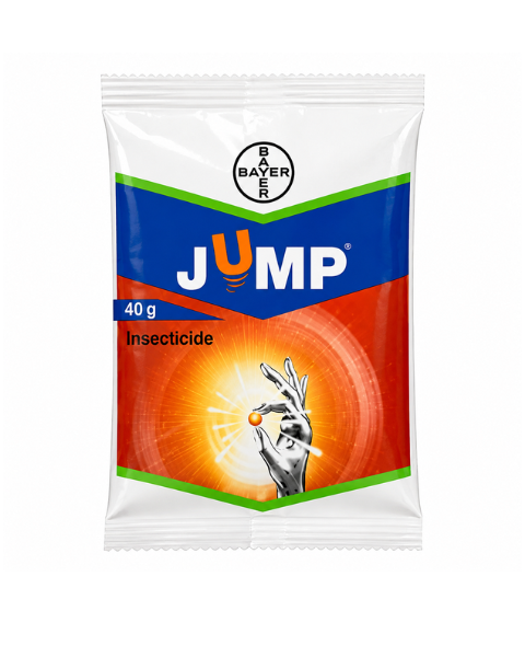 Jump Insecticide by Bayer containing Fipronil 80% WG for effective control of thrips, aphids, whiteflies, jassids, and other crop pests.