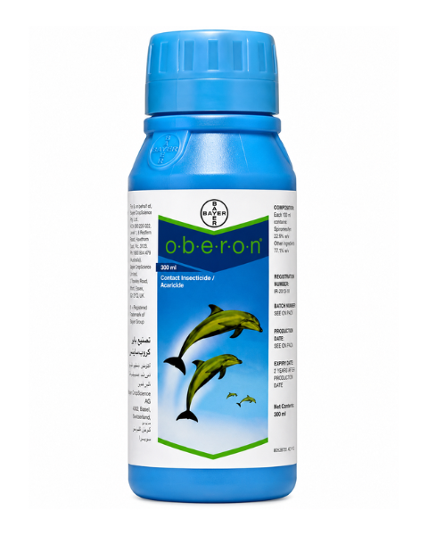 Oberon Insecticide by Bayer containing Spiromesifen 240 SC for effective control of mites and whiteflies in vegetables, fruits, cotton, tea, and other crops.